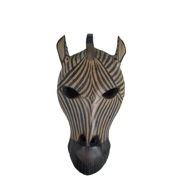 Hand Carved Wooden Zebra Mask Wall Decor Tribal Inspired Safari Pattern . A carved zebra head mask with black and tan stripes, mounted on a textured white wall.