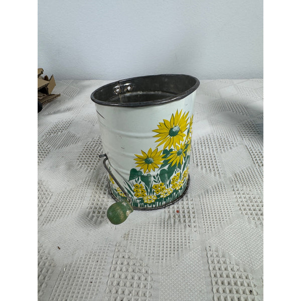 Vintage Metal Flour Sifter With Hand Crank and Sunflower Design Retro Kitchen