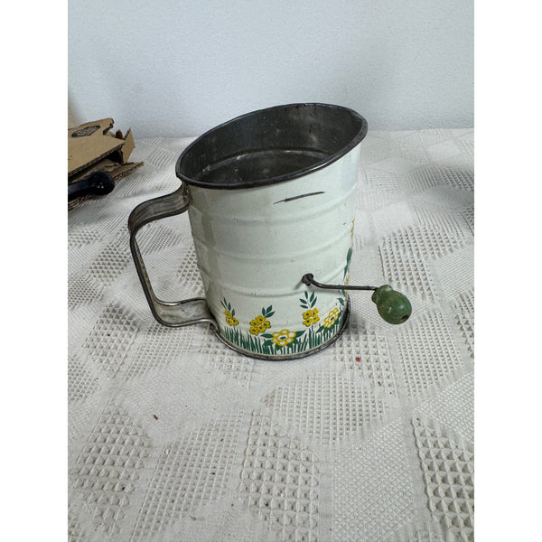 Vintage Metal Flour Sifter With Hand Crank and Sunflower Design Retro Kitchen