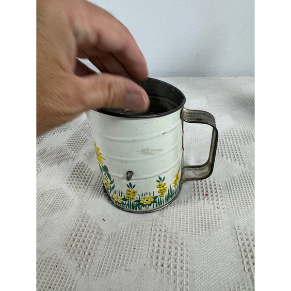 Vintage Metal Flour Sifter With Hand Crank and Sunflower Design Retro Kitchen