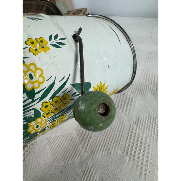 Vintage Metal Flour Sifter With Hand Crank and Sunflower Design Retro Kitchen