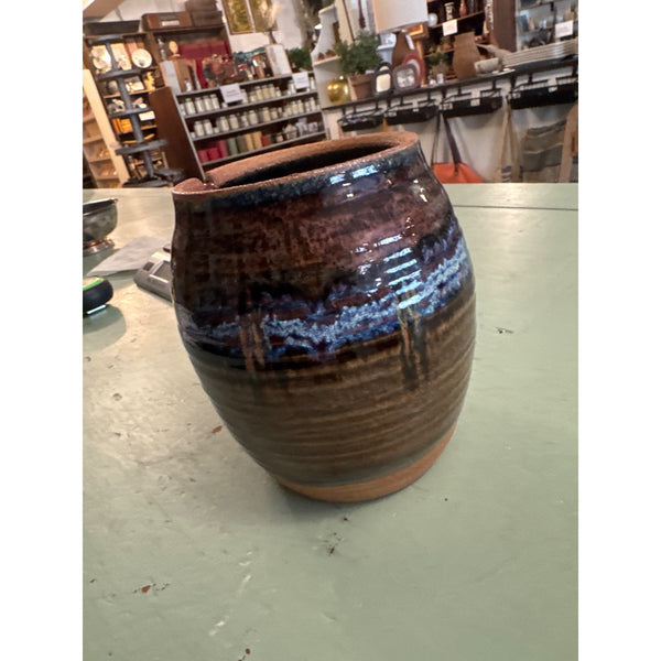 Handcrafted Stoneware Studio Pottery Vase With Multicolor Glaze Signed by Cramer