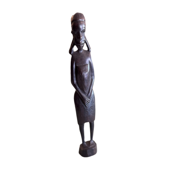 Vintage Mid Century African Ebony Wood Statue Of Tribal Woman Figurine