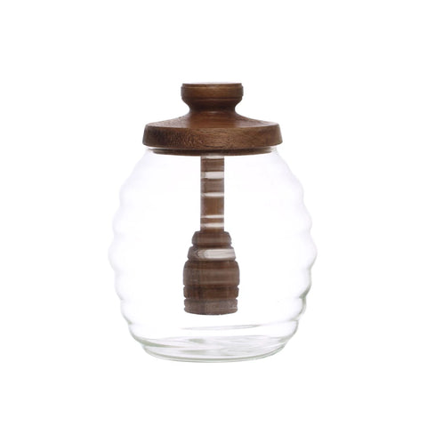 14 oz. Glass Honey Jar w/ Acacia Wood Lid & Attached Honey Dipper