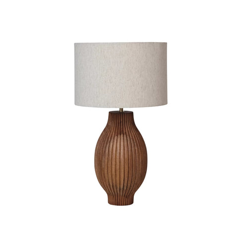 Mango Wood Table Lamp w/ Carved Lines & Cotton Shade