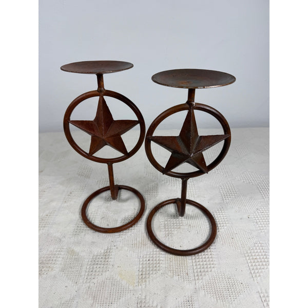 Rustic Metal Texas Star Design Pillar Candle Holders Set Of 2 Western Style
