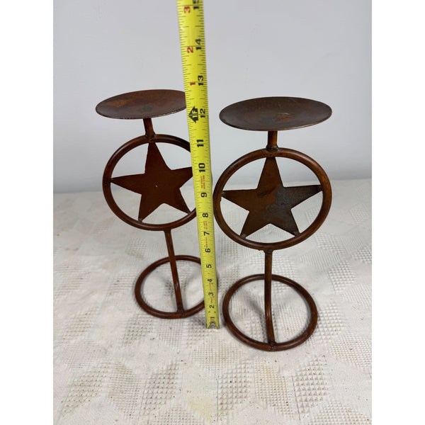 Rustic Metal Texas Star Design Pillar Candle Holders Set Of 2 Western Style