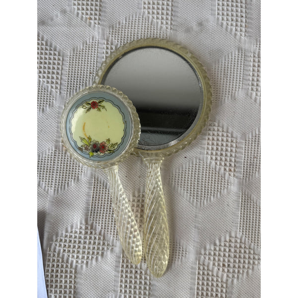 Vintage Handheld Mirror Set with Floral Design & Clear Lucite Frame and Handles