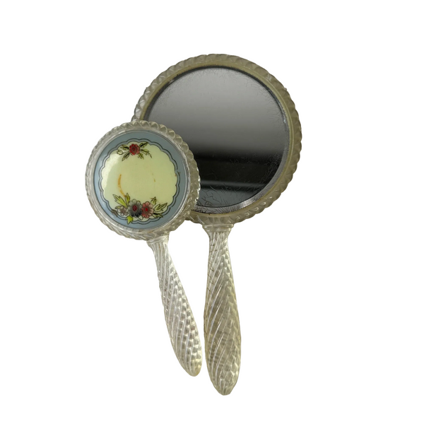 Vintage Handheld Mirror Set with Floral Design & Clear Lucite Frame and Handles