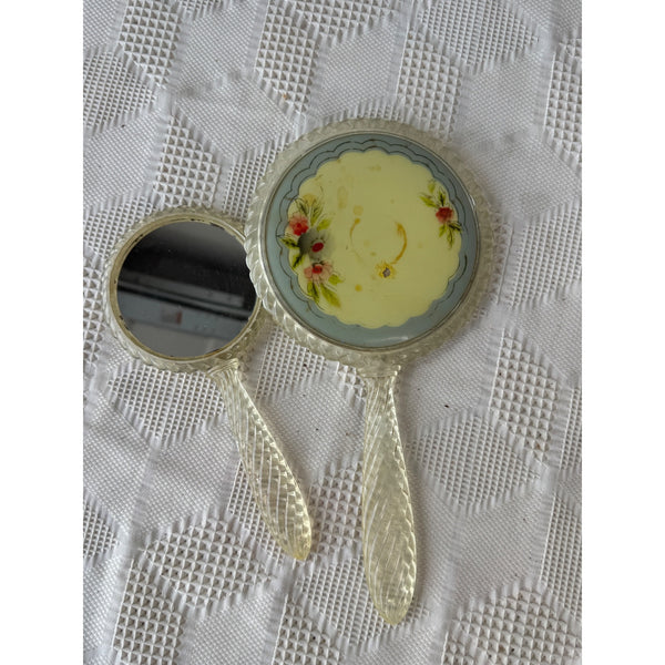 Vintage Handheld Mirror Set with Floral Design & Clear Lucite Frame and Handles