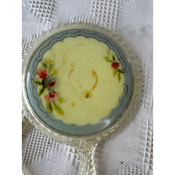Vintage Handheld Mirror Set with Floral Design & Clear Lucite Frame and Handles