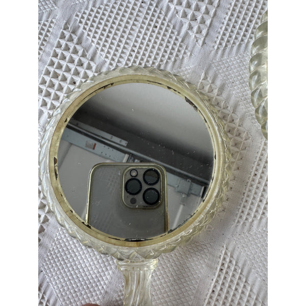 Vintage Handheld Mirror Set with Floral Design & Clear Lucite Frame and Handles