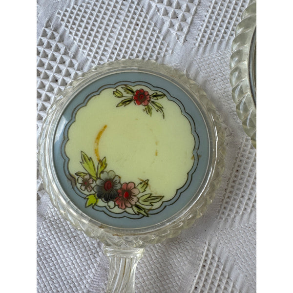 Vintage Handheld Mirror Set with Floral Design & Clear Lucite Frame and Handles