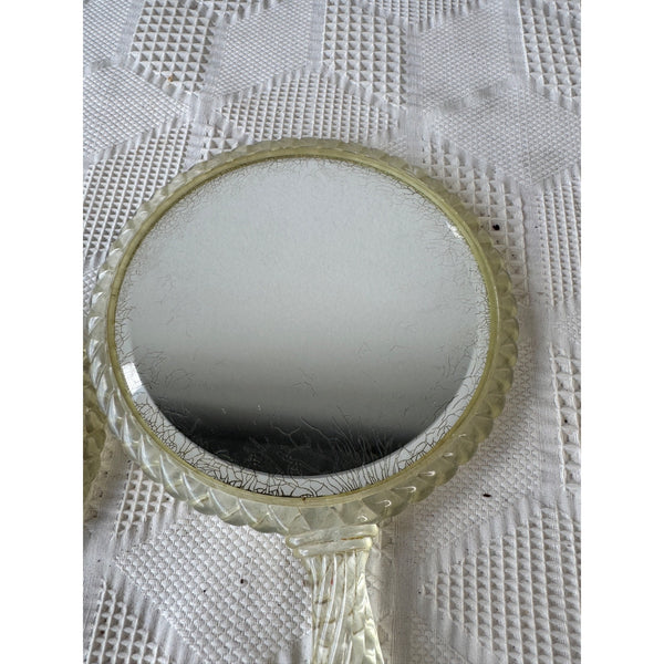 Vintage Handheld Mirror Set with Floral Design & Clear Lucite Frame and Handles