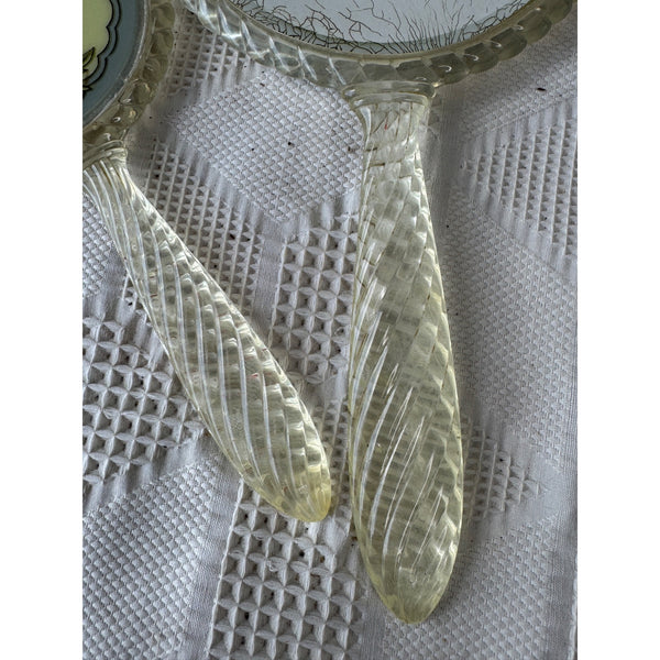 Vintage Handheld Mirror Set with Floral Design & Clear Lucite Frame and Handles
