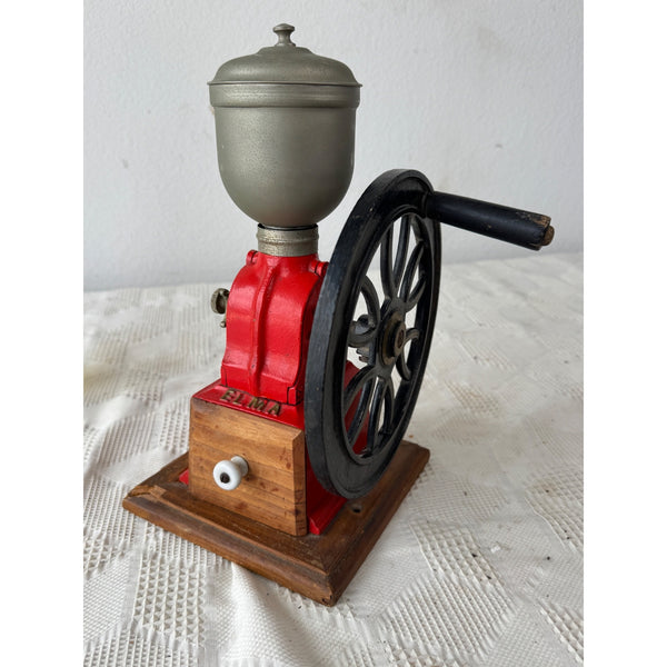 Vintage Elma Big Wheel Coffee Grinder Red Cast Iron & Wood Spain 1930s