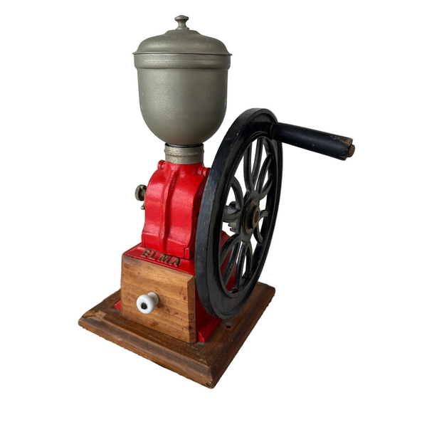 Vintage Elma Big Wheel Coffee Grinder Red Cast Iron & Wood Spain 1930s