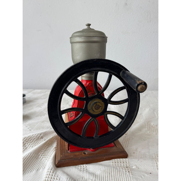 Vintage Elma Big Wheel Coffee Grinder Red Cast Iron & Wood Spain 1930s
