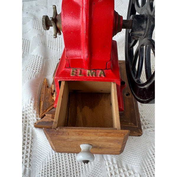 Vintage Elma Big Wheel Coffee Grinder Red Cast Iron & Wood Spain 1930s
