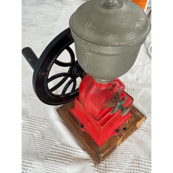 Vintage Elma Big Wheel Coffee Grinder Red Cast Iron & Wood Spain 1930s