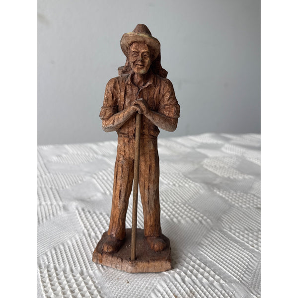 Hand Carved Wooden Figurine Of Farmer w Basket Germany Rustic Folk Art Vintage