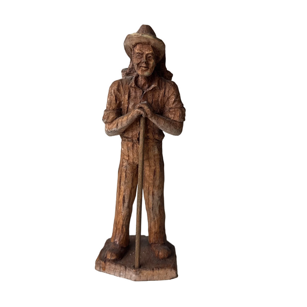 Hand Carved Wooden Figurine Of Farmer w Basket Germany Rustic Folk Art Vintage