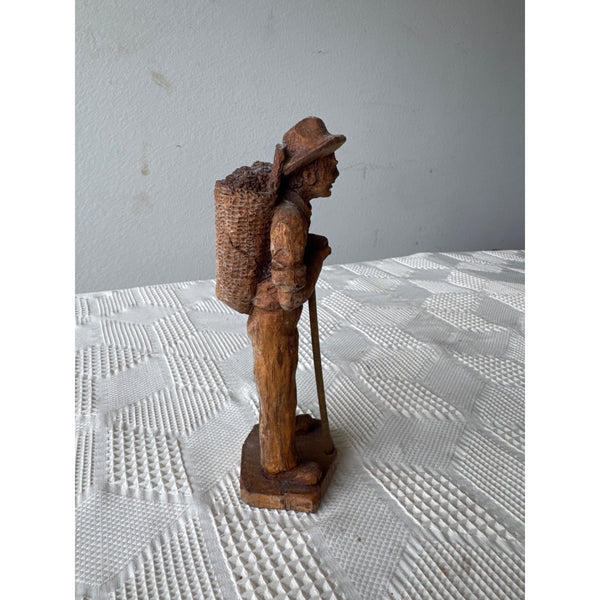 Hand Carved Wooden Figurine Of Farmer w Basket Germany Rustic Folk Art Vintage