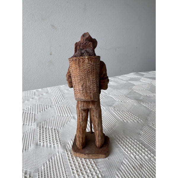 Hand Carved Wooden Figurine Of Farmer w Basket Germany Rustic Folk Art Vintage