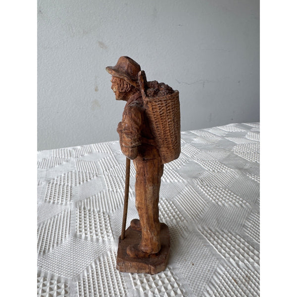 Hand Carved Wooden Figurine Of Farmer w Basket Germany Rustic Folk Art Vintage