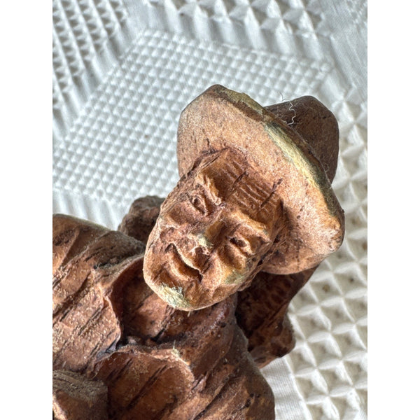 Hand Carved Wooden Figurine Of Farmer w Basket Germany Rustic Folk Art Vintage
