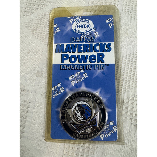 Dallas Mavericks Power Magnetic Fan Pin Badge By Halo Sports Inc 1990s NIB. Dallas Mavericks Power Magnetic Pin in its original blue blister packaging, featuring the team logo and 'Dallas Mavericks Power' branding.