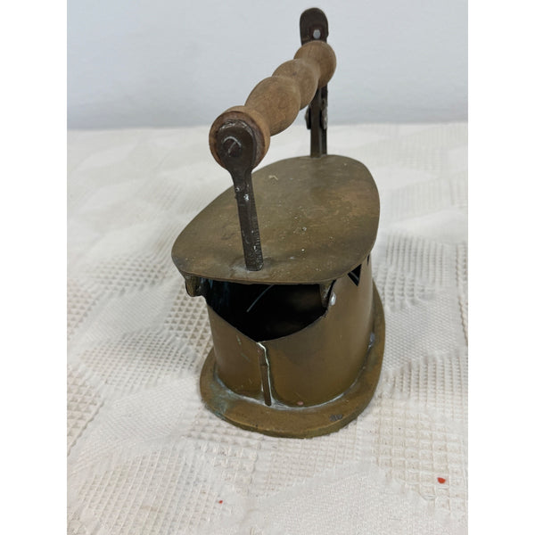 Antique Brass Coal Iron Wooden Handle Vintage Collectible Dutch Smoothing Style