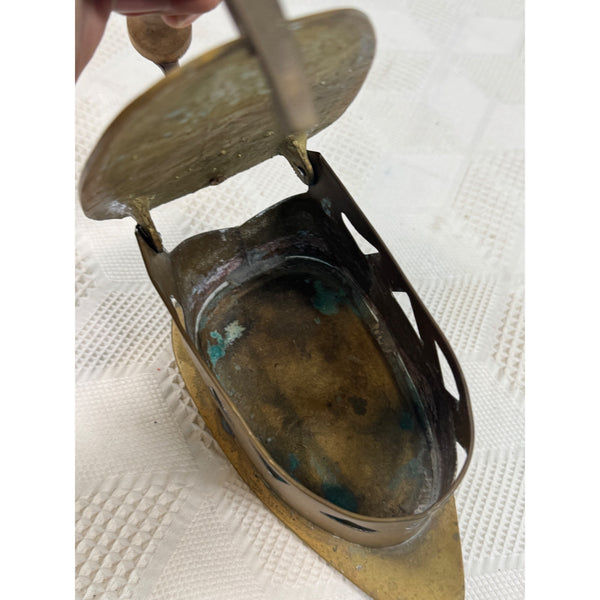 Antique Brass Coal Iron Wooden Handle Vintage Collectible Dutch Smoothing Style