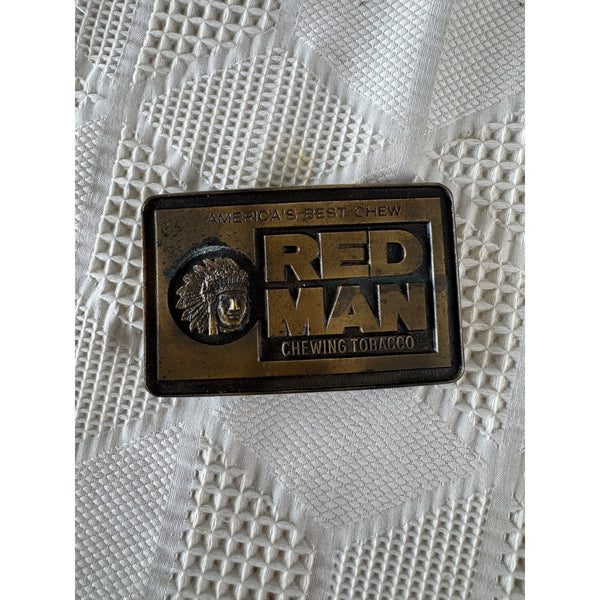 Red Man Chewing Tobacco Belt Buckle Vintage Brass Rectangular Americas Best Chew