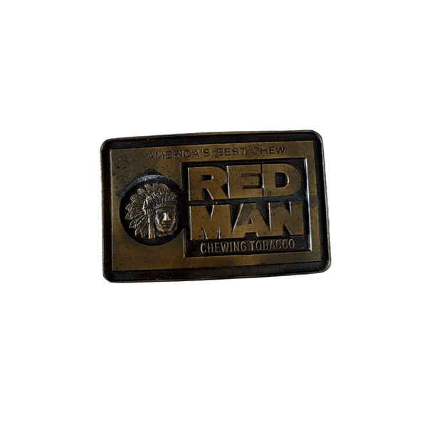 Red Man Chewing Tobacco Belt Buckle Vintage Brass Rectangular Americas Best Chew
