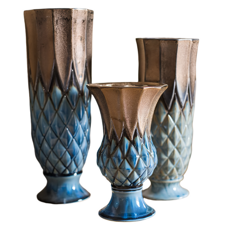 Blue Gold Grid Pattern Glazed Ceramic Vase Collection