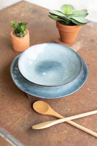 Set of 2 Blue Ceramic Dinner Plate and Bowl