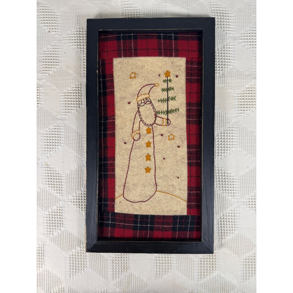 Framed Santa Embroidery On Plaid Background Rustic Black Wooden Frame Farmhouse