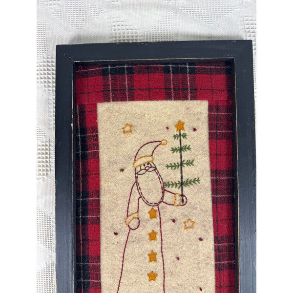 Framed Santa Embroidery On Plaid Background Rustic Black Wooden Frame Farmhouse