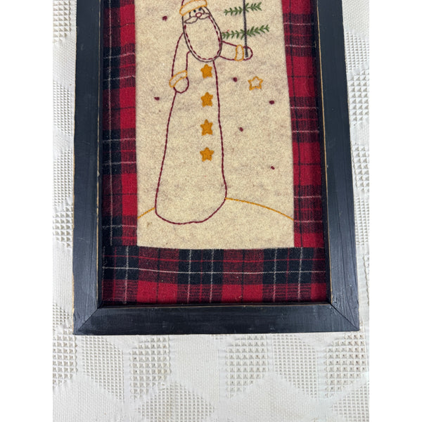 Framed Santa Embroidery On Plaid Background Rustic Black Wooden Frame Farmhouse