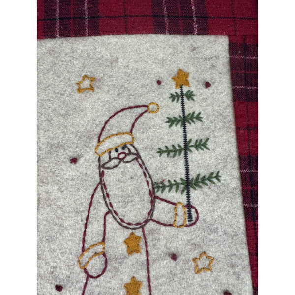 Framed Santa Embroidery On Plaid Background Rustic Black Wooden Frame Farmhouse