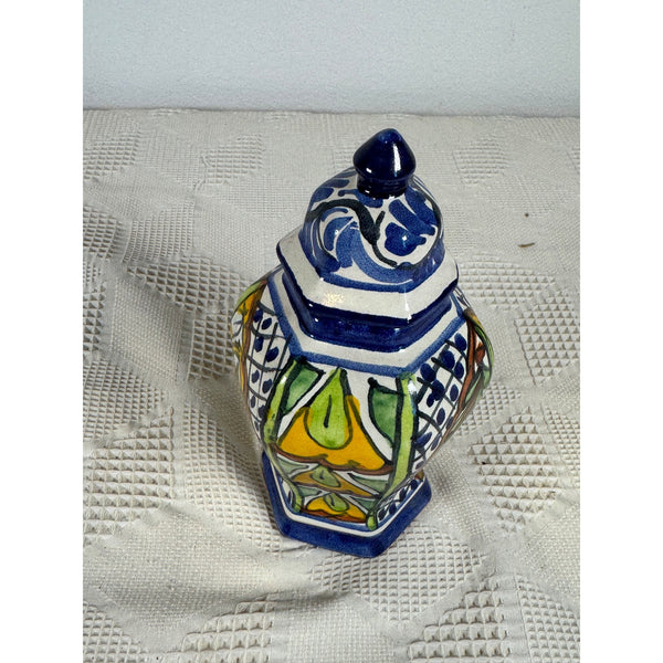 Handcrafted Talavera Ceramic Lidded Ginger Jar w Colorful Floral Design Mexico
