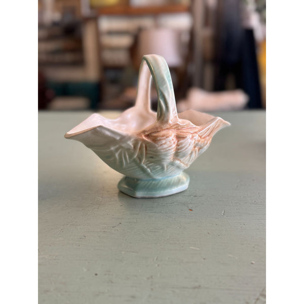 McCoy Vintage 1950s Pottery Basket with Handle Pastel Peach and Green Glaze