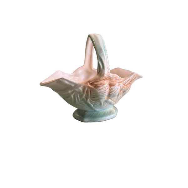 McCoy Vintage 1950s Pottery Basket with Handle Pastel Peach and Green Glaze