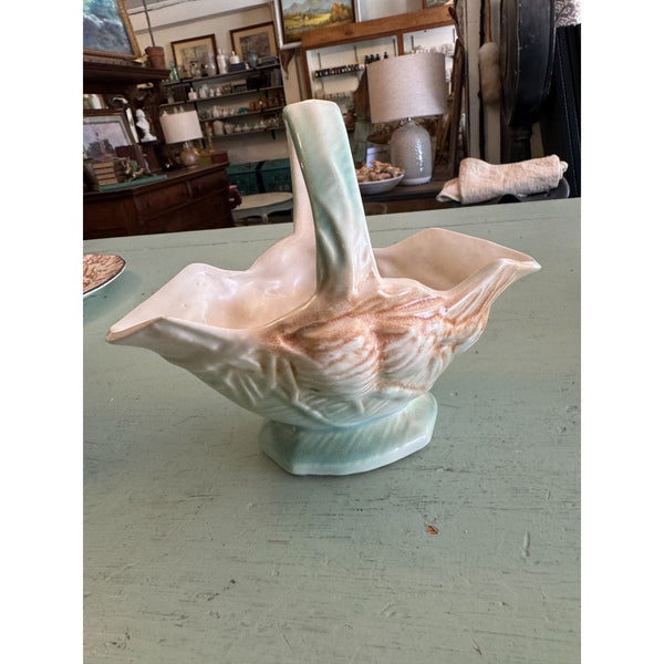 McCoy Vintage 1950s Pottery Basket with Handle Pastel Peach and Green Glaze