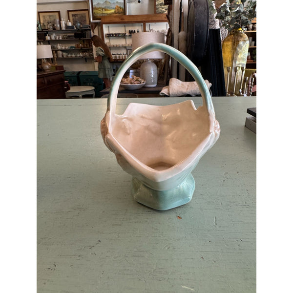McCoy Vintage 1950s Pottery Basket with Handle Pastel Peach and Green Glaze