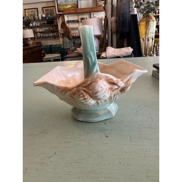 McCoy Vintage 1950s Pottery Basket with Handle Pastel Peach and Green Glaze