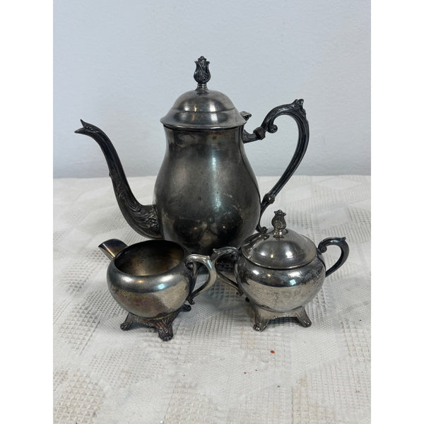 Vintage Ornate Silver Plated Tea Set Includes Teapot Sugar Bowl and Creamer 1940s