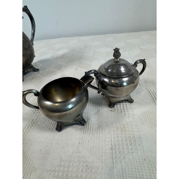 Vintage Ornate Silver Plated Tea Set Includes Teapot Sugar Bowl and Creamer 1940s