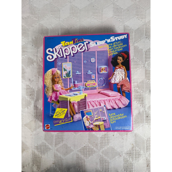 Teen Time Skipper Sleep N Study Playset w Accessories 1988 Mattel Vintage Barbie. A boxed toy set titled 'Teen Ties Skipper' placed on a textured white fabric surface. The package shows a purple bedroom scene with dolls, a desk, and colorful graphics.